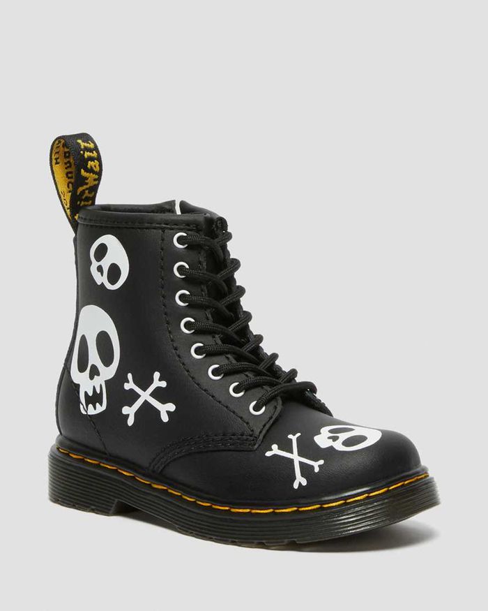 Dr Martens Støvler Barn Svart/Hvite Toddler 1460 Skull & Bones Læder Lace Up 0739SUVLA